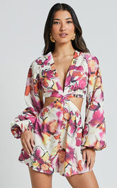 Gwyneth Playsuit - Long Sleeve Cut Out Playsuit in DAHLIA DUSK FLORAL