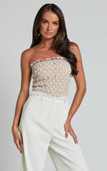 Harper Top - Frill Shirred Bandeau Crop Top in White/Nude