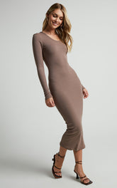 Hawkins Midi Dress - Long Sleeve Bodycon Dress in Taupe