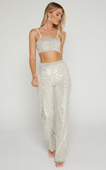 Imogen Two Piece Set - Bandeau Top and Straight Pants Set in Silver Sequin