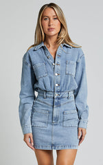 Kamala Mini Dress - Long Sleeve Button Through Denim Dress in Light Blue Wash