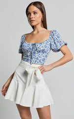Karina Top - Puff Sleeve Ruched Bodice Corset Top in Blue Floral