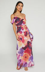 Keira Midi Dress - Draped Off the Shoulder Dress in Watercolour Floral