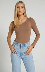 Khanley Bodysuit - One Shoulder Long Sleeve Bodysuit in Mushroom
