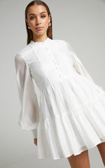 Kyra Mini Dress - Pin Tuck Detail Tiered Shirt Dress in Off White