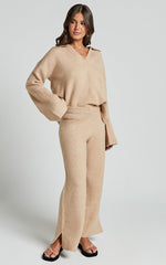 Livia Pants - Knitted High Waisted Side Split Pants in Beige Marl