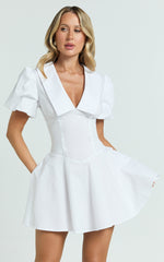 Lucy Mini Dress - Deep V Oversized Collar Puff Sleeve A Line Dress in White