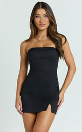 Mica Playsuit - Strapless Fitted Side Split Playsuit in Black