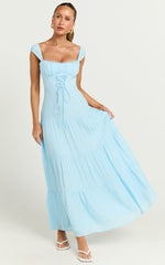 Nabby Midi Dress - Sweetheart Ruched Bust Short Sleeve Dress in Blue