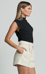 Nami Shorts - High Waisted Pleated Tailored PU Shorts in Bone