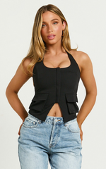 Narla Top - Halter Neck Zip Through Pocket Detail Top in Black