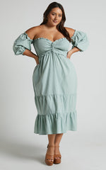Nikka Midi Linen Blend Dress - Shirred Off Shoulder Puff Sleeve Dress in Sage