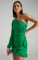 Paige Mini Dress - One Shoulder Frill Hem Wrap Skirt Dress in Green