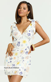 Posie Mini Dress - Linen Shoulder Tie Plunge Slip Dress in Soleil Print
