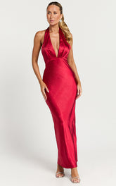 Prima Midi Dress - Plunge Satin Dress in Red
