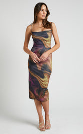 Rhaine Midi Dress - Cowl Bodycon Dress in Regal Swirl