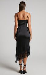 Rholie Midi Dress - Plunge Neck Fringe Hem Fixed Wrap Dress in Black