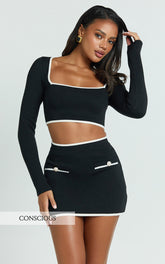 Riri Top - Long Sleeve Square Neck Recycled Knit Top in Black
