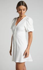 Rochelle Mini Dress - V Neck Button Through Dress in White