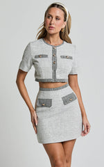 Rosa Two Piece Top and Skirt Set- Tailored Boucle Hardware Detail Button Down Top and Mini Skirt Set in Black and White