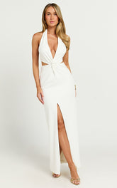 Rose Maxi Dress - Plunge Halter Front Split Dress in White