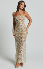 Ruth Midi Dress - Strappy Straight Neck Slip Dress in Natural