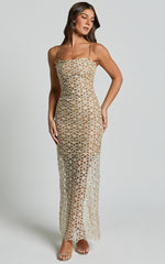 Ruth Midi Dress - Strappy Straight Neck Slip Dress in Natural