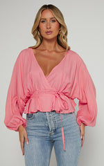 Selena Top - Linen V Neck Wrap Long Blouson Sleeve in Peach