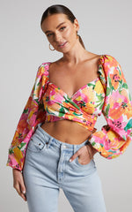 Shairah Top - Long Sleeve Tie Back Wrap Crop Top in In Bloom