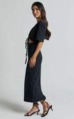 Sharon Midi Dress - Plunge Neck Short Sleeve Front Cut Out Dress in Black
