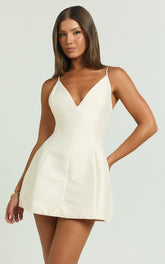 Sheeran Mini Dress - Plunge A Line Dress in Cream