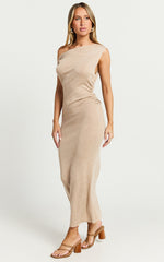 Stefanie Midi Dress - Off The Shoulder Bodycon Knit Midi Dress in Beige