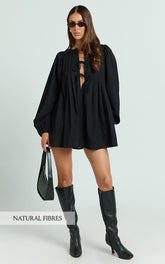 Suzette Mini Dress - High Neck Tie Front Long Sleeve Pleat Front Babydoll Dress in Black