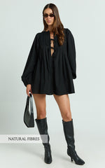 Suzette Mini Dress - High Neck Tie Front Long Sleeve Pleat Front Babydoll Dress in Black