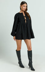 Suzette Mini Dress - High Neck Tie Front Long Sleeve Pleat Front Babydoll Dress in Black