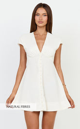 Tallulah Mini Dress - Linen V Neck A Line Dress in White