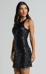 Tisdale Mini Dress - Halter Sequin Shift Dress in Black