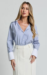 Trixie Shirt - Striped White Cuff & Collar Detail Button Up Shirt in Blue Stripe
