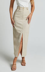 Vanna Midi Skirt - High Waisted Front Slit Skirt in Stone