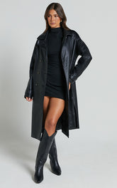 Vicki Trench Coat - Faux Leather Washed Trench Coat in Black