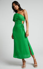 Victoria Midi Dress - Linen One Shoulder Puff Sleeve Cut Out Dress in Green