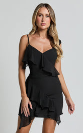 Zaria Mini Dress - Asymmetric Frill Detail Mini Dress in Black
