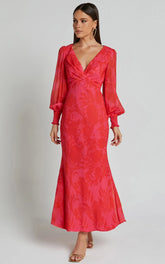 Claude Midi Dress - Deep V Neck Long Sleeve Slip Dress in Print