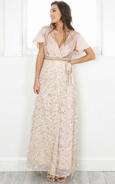 Break A Leg Wrap Thigh Split Maxi Skirt in Gold Sequin