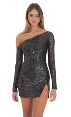 Silver Sequin One Off Shoulder Bodycon Dress in Black