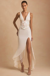 Embellished Plunge Ruffled Corset Maxi Dress in Ivory
