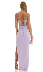Cutout Glitter Corset Maxi Dress in Purple