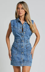 Jasse Mini Dress - Hardware Button Through Denim Dress in Mid Blue Wash