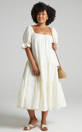 Zaharrah Midi Dress - Tiered Dress in Cream Linen Look