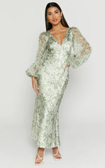 Freollyn Midi Dress - Deep V Neck Long Sleeve Dress in Sage